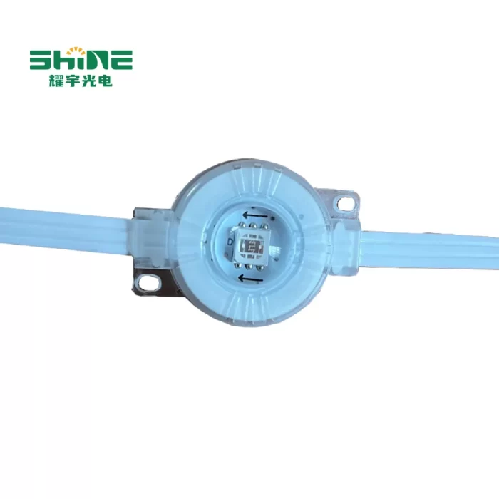 RGB LED eaves light close-up with transparent cover and visible internal beads on white background