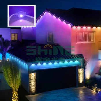 Vibrant colorful LED eaves lights decorating modern suburban house at night with illuminated garage door and tropical plants