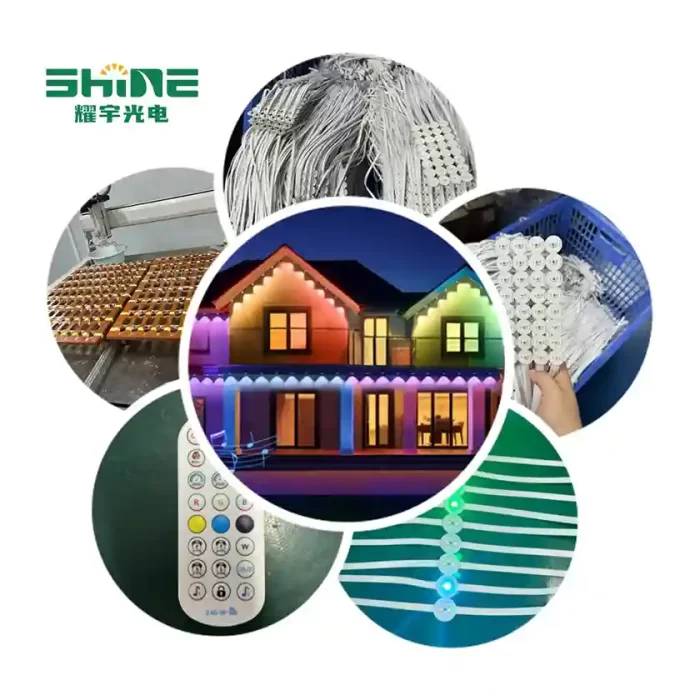 Colorful LED eaves lights decorating two-story house with production close-ups of LED string light assembly and control features