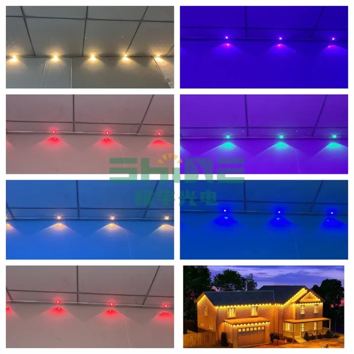 Close-up of colorful RGB LED eaves lights evenly installed on white ceiling, showing vibrant red, orange, yellow, green, blue, and purple outdoor decorative lighting effects