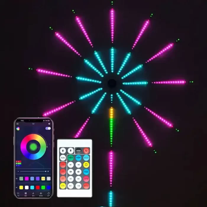 RGB LED firework lights with remote control, colorful light effects, perfect for celebrations and holiday decor, featuring both mobile app and remote control interfaces.
