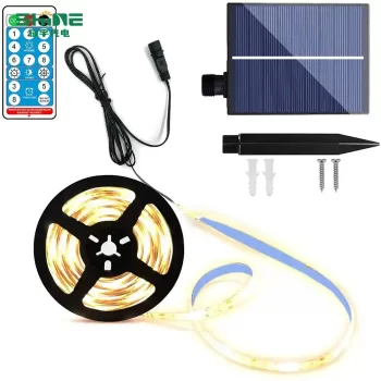 Solar String Lights by Shine include detailed accessories such as LED light strings, solar panels, remote controls, and mounting hardware for easy outdoor installation.