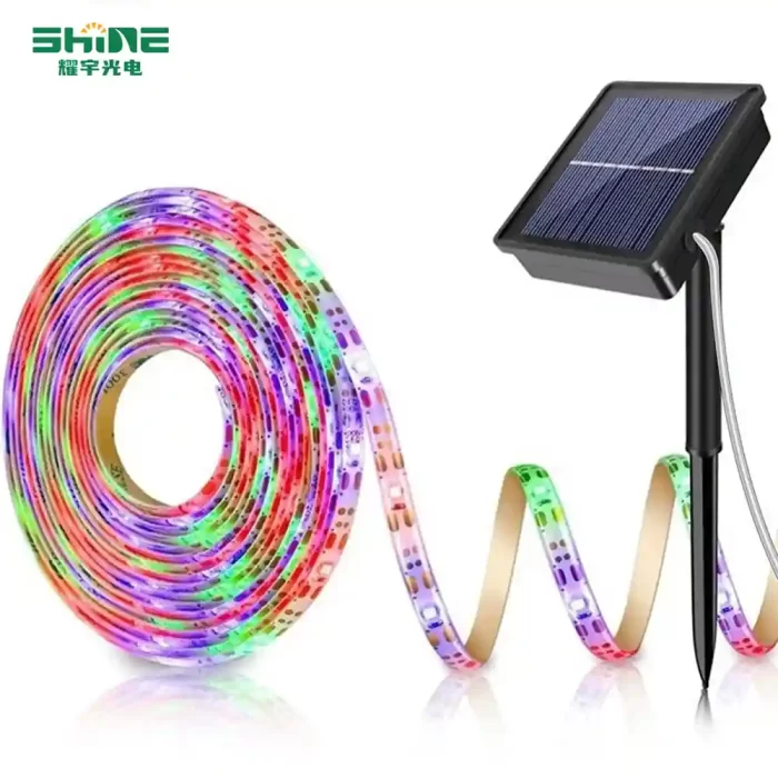 Solar String Lights featuring vibrant multicolor LED strands and a durable black solar panel with ground stake, perfect for festive outdoor decoration.