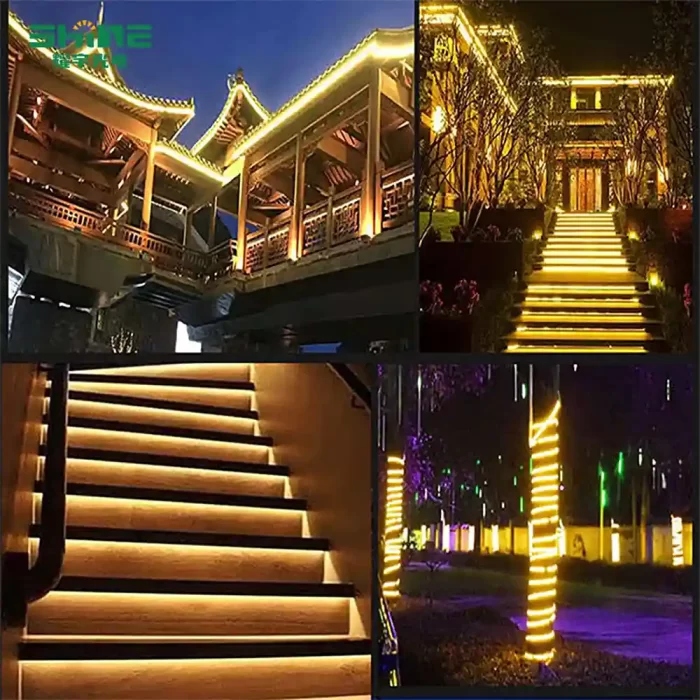 Solar String Lights wrapped around trees, draped along eaves, and installed under each outdoor step to create a warm, inviting atmosphere in multiple outdoor settings.