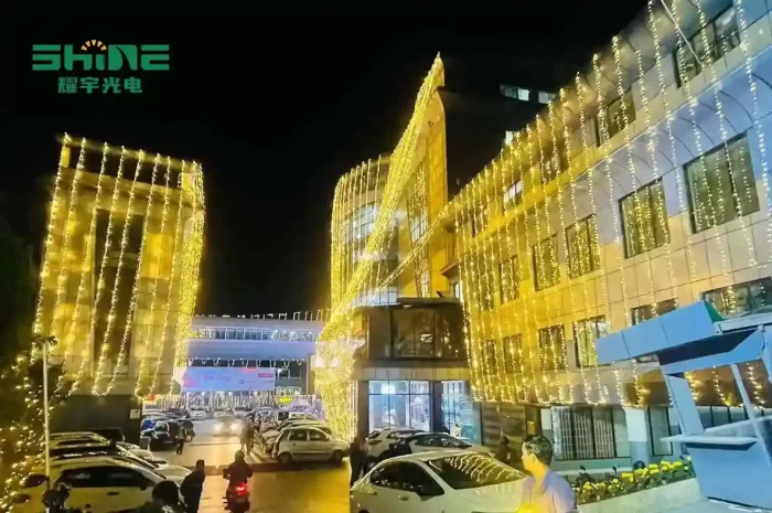 Customer's commercial building illuminated with LED string lights, enhancing the holiday display.