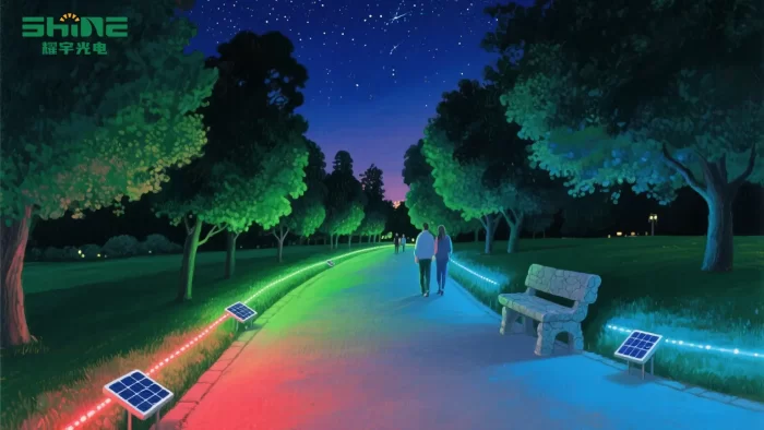 Solar String Lights create a romantic ambiance as couples stroll through the park woods under their colorful glow.