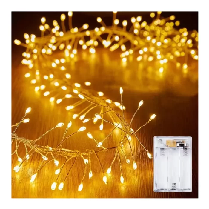 Battery-powered warm LED string lights for bedroom use, offering soft lighting and flexible decorating options.