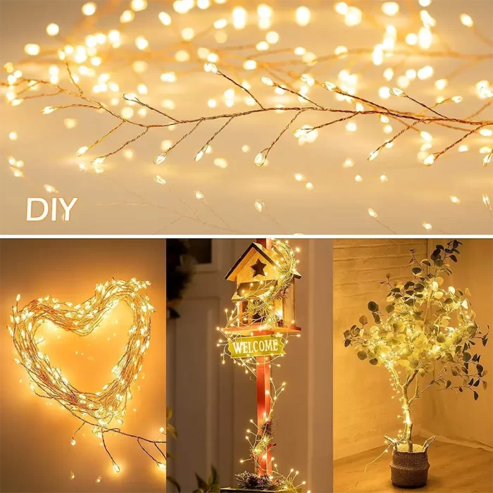 Versatile bedroom string lights in DIY heart, plant wrapping, and welcome sign setups—ideal for creative indoor décor.
