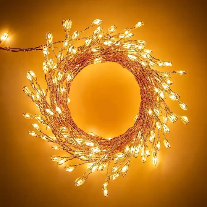 Warm white bedroom string lights in a wreath shape, perfect for cozy indoor decoration or holiday ambiance.
