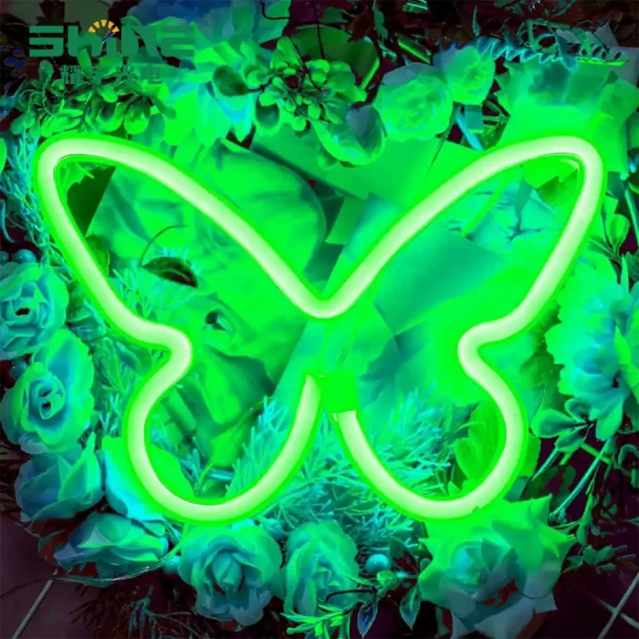 Green butterfly neon light for weddings, parties, and B2B projects