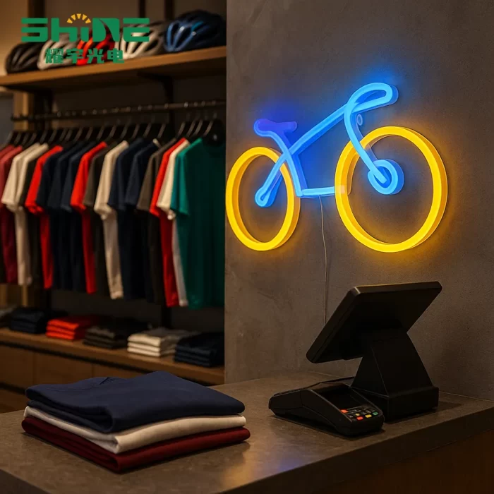 Sports retail counter showcasing a bicycle neon lamp—functional neon light decor for merchandising
