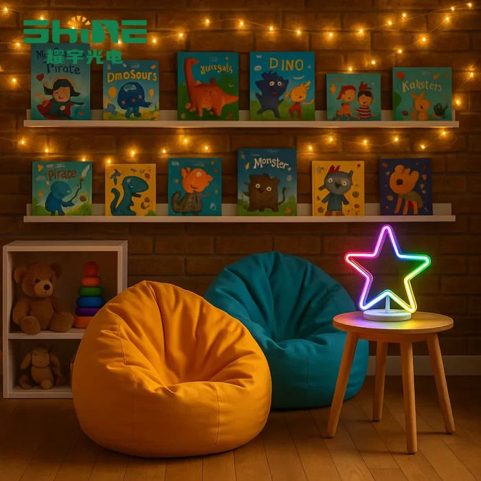 Large colorful star LED neon sign in kids’ playroom with beanbags, wholesale neon lights for bookstores and play areas.