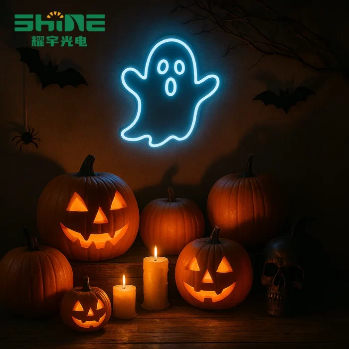 Blue ghost LED neon sign with pumpkins and candles, wholesale Halloween décor for seasonal retailers.