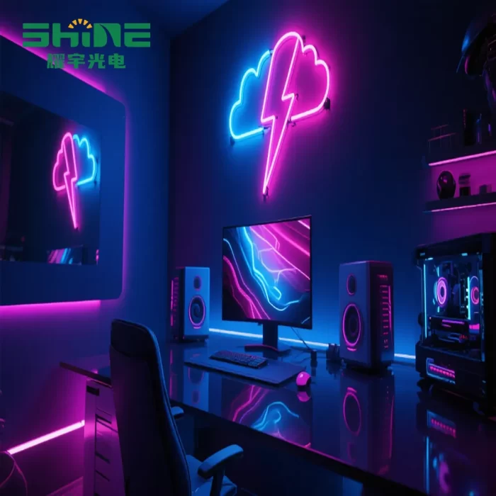Thunder cloud LED neon sign wholesale product featured in a gaming setup, perfect for event suppliers and entertainment venues buying wholesale.