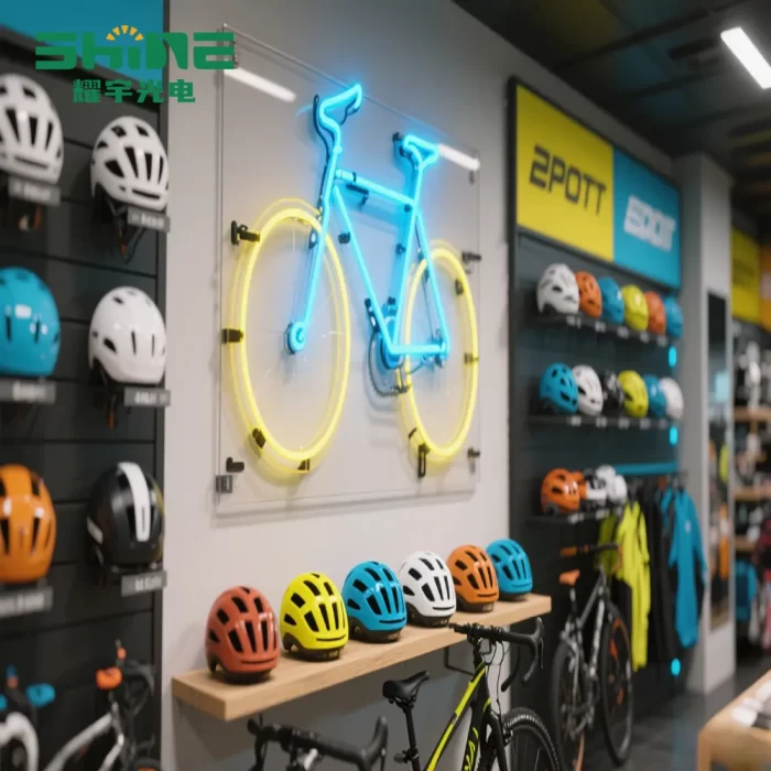 LED bicycle neon sign in a sports shop interior, wholesale décor solution for cycling retailers.