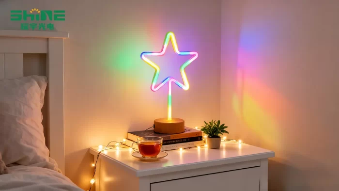 Colorful star neon light on bedside table works as soft zone marker, defining relaxation area with warm fairy lights and books for cozy layout.