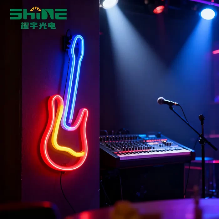 neon light decor: wall-mounted guitar mini neon lamp behind a live music stage