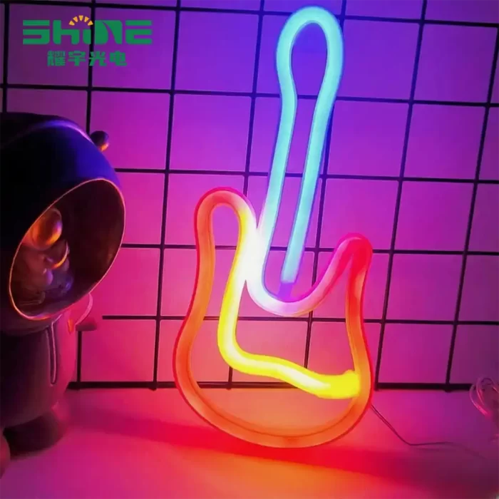 Colorful electric guitar neon lamp creating a lively ambiance for bars and event venues.