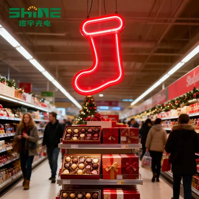 Red Christmas neon sign shaped like stocking marks seasonal aisle, guiding shoppers through holiday section with gifts and chocolates.
