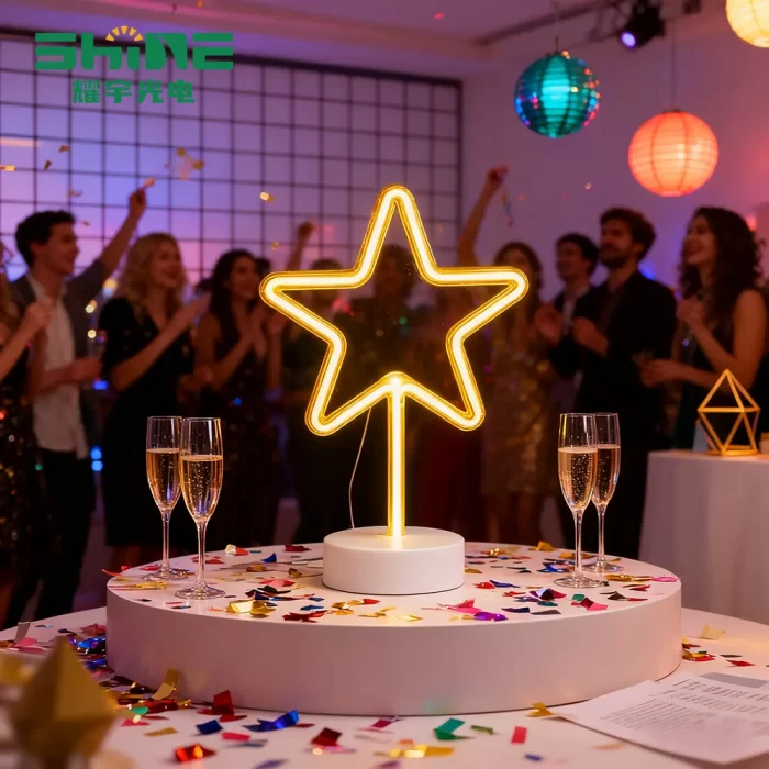 Yellow holiday neon sign in star shape used as centerpiece, guiding guest attention and defining table zone during celebration.