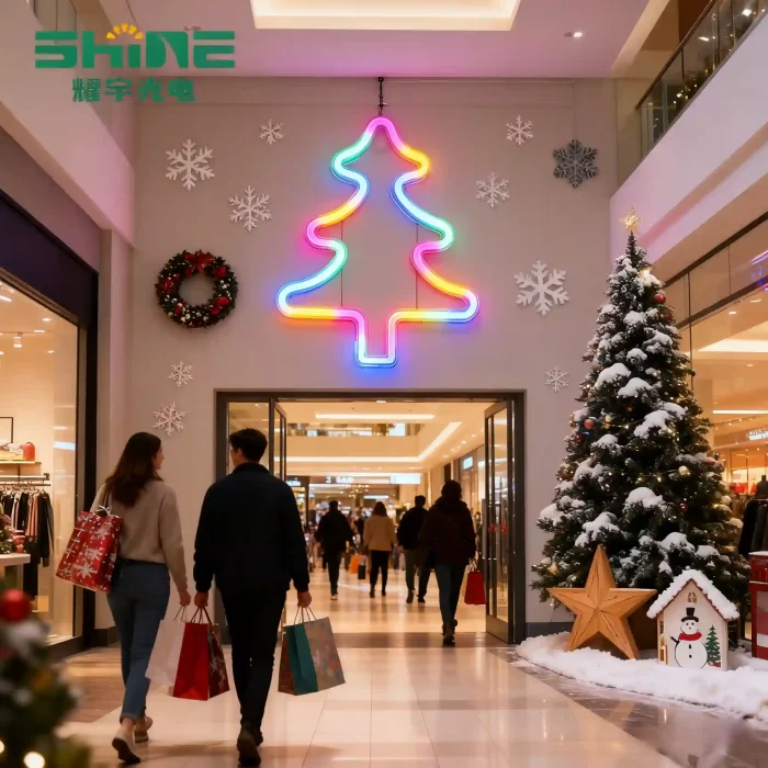 Rainbow LED Christmas tree neon sign creates festive entry point in shopping mall, surrounded by snowflakes, wreaths, and shoppers with bags.