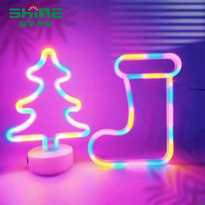 SHINE holiday neon signs set with stocking and tree, wholesale xmas neon and neon christmas decorations outdoor for shops.