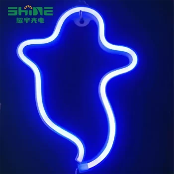 Close-up blue ghost neon sign glowing against dark background – LED Halloween light