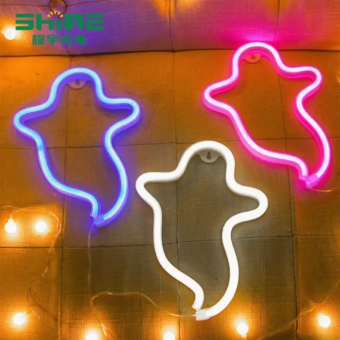 Pink, warm white and blue ghost neon lights – creating a spooky, playful and cute holiday atmosphere