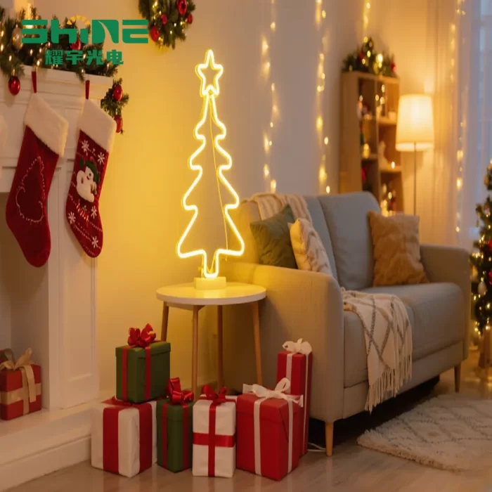 Christmas tree LED neon sign wholesale option displayed in a festive living room, popular among retailers and seasonal decoration suppliers.