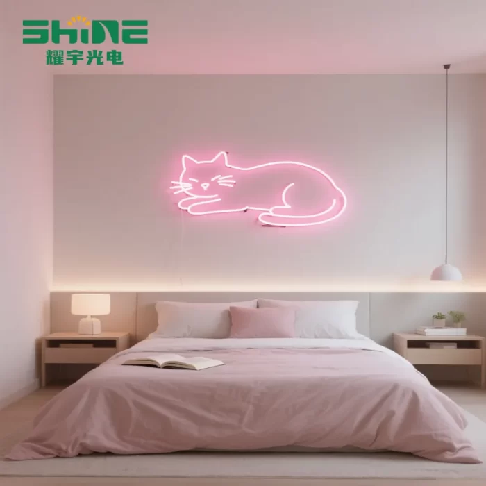 Cat LED neon sign wholesale solution mounted on a bedroom wall, designed for gift shops and interior décor distributors purchasing in volume.