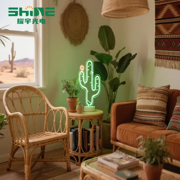 LED neon sign wholesale cactus design placed in a bohemian living room, suitable for retailers and lifestyle stores seeking bulk decorative lighting.