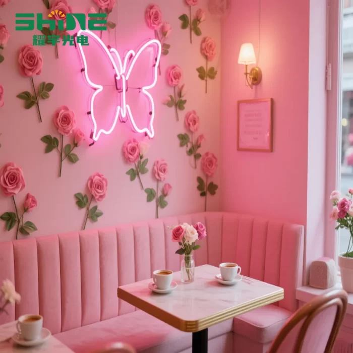Butterfly LED neon sign wholesale option installed in a romantic café wall, ideal for restaurants and coffee shops sourcing ambiance lighting in bulk.