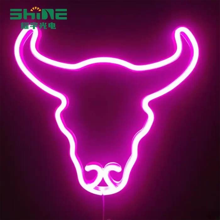Bright pink bull head neon sign, modern animal décor for bars and clubs in Shine wholesale range.