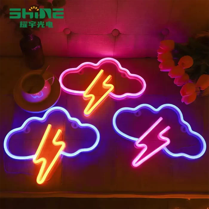 set of thunderstorms neon lights with blue and pink clouds for café and party atmosphere