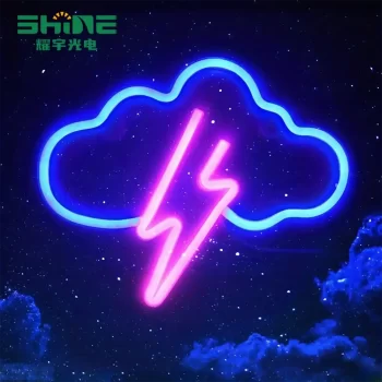 thunderstorms neon light with blue cloud and pink lightning glowing against night sky background