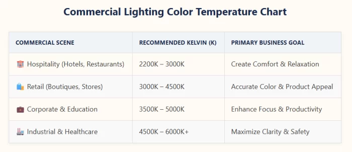 A chart showing the best color temperature in Kelvin for hospitality, retail, office, and industrial lighting applications.