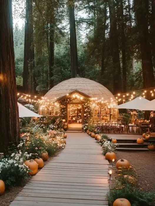 Woodland cabin entrance framed by warm white string lights over a boardwalk, flower beds, and pumpkins for an outdoor party.
