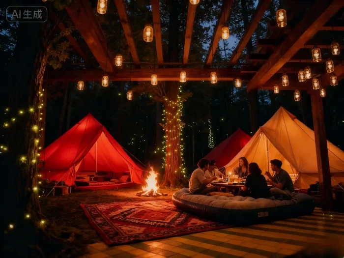 Forest glamping campsite under a pergola with hanging jar lights, tree-wrapped string lights, tents, and a campfire.