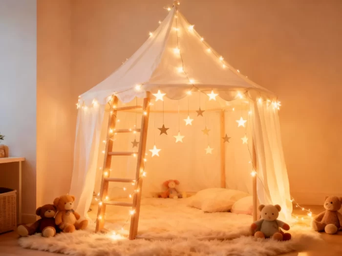 Cozy kids’ play tent in a nursery; canopy outlined with warm white string lights and hanging star ornaments on a plush rug.