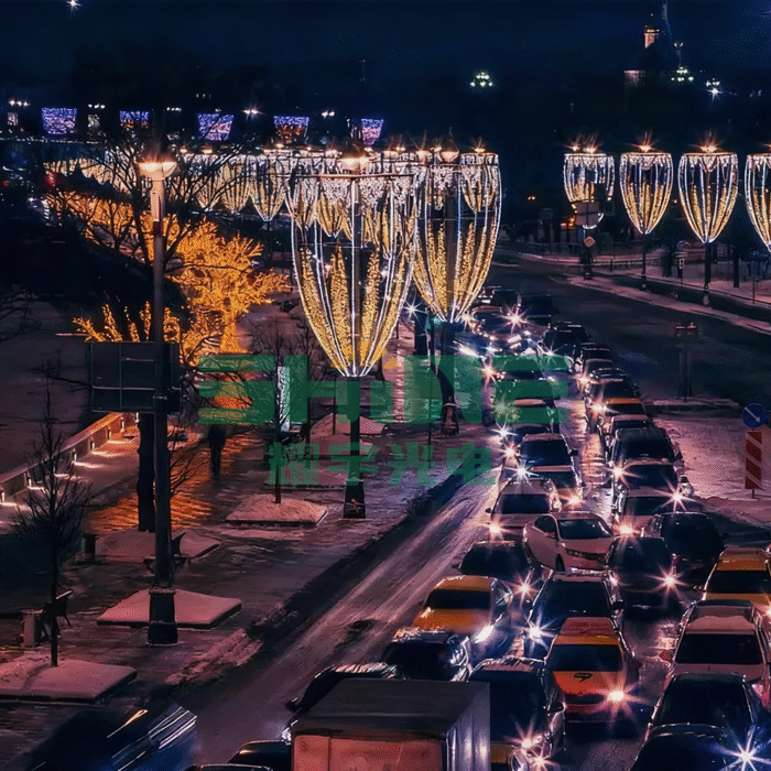 Nighttime cityscape with 2D LED lighting motif installations from SHINE—energy-efficient holiday displays ideal for municipal and commercial B2B projects.