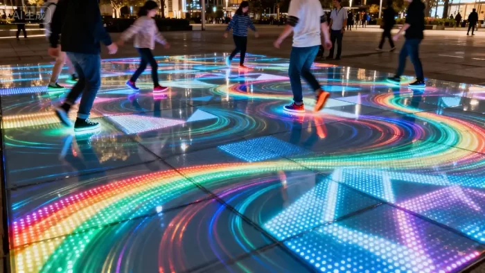 Smart interactive LED motif lights in a public plaza changing colors as people walk over them.