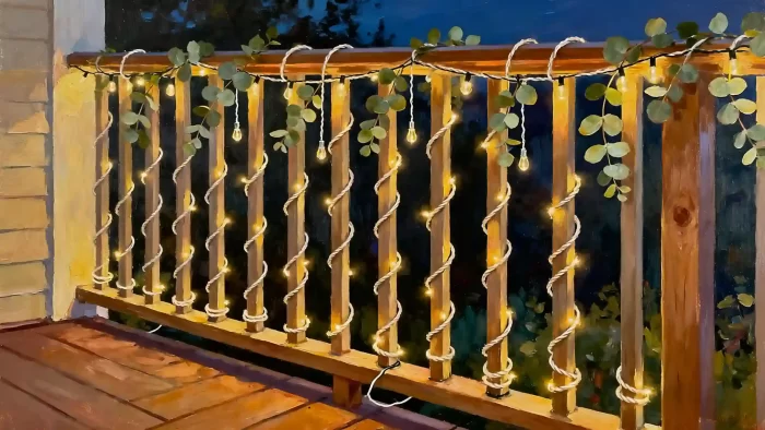 Wood deck railing at night with spiral rope lights on balusters, hanging string lights, and greenery along the top rail.
