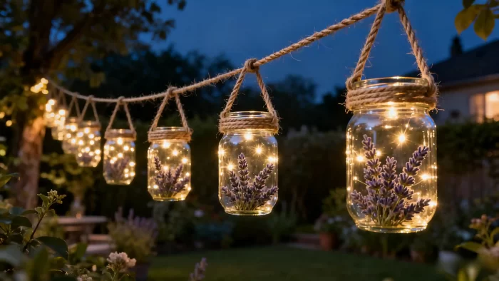 string light mason jar lanterns hang from rope at dusk, warm white fairy lights with lavender stems creat