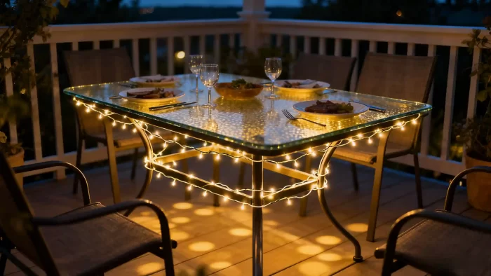 string light wrapped around a glass-top patio table and legs, creating a warm white glow for evening dining on a deck—simple DIY outdoor lighting idea.
