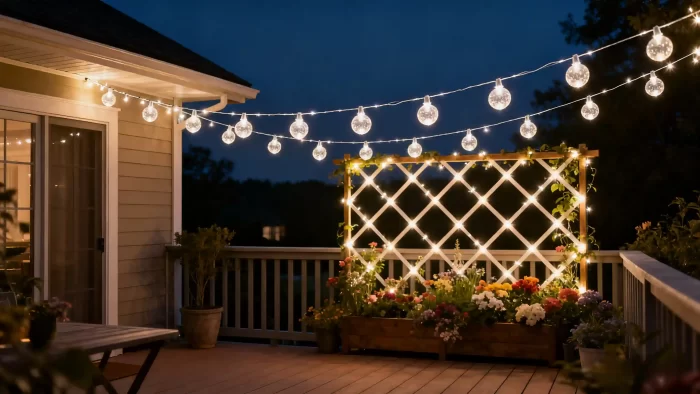 Back porch at night with eave-mounted globe string lights and a lattice trellis outlined in LEDs above flower planters.