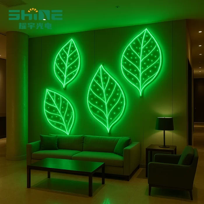 A green biomimetic 2D leaf motif light was installed on the living room wall.
