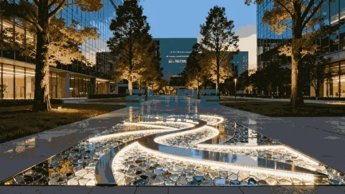 Sustainable 2D LED motif lights on a modern building facade, showcasing eco-friendly design.