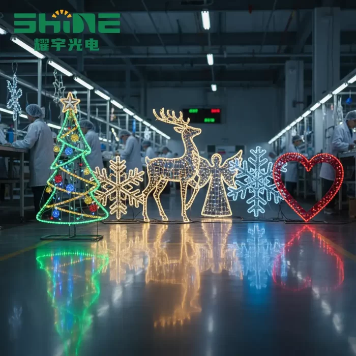 Large, diverse 2D LED motif lights (Christmas tree, reindeer, snowflake, heart) on a factory floor, showing workers conducting assembly and quality control.