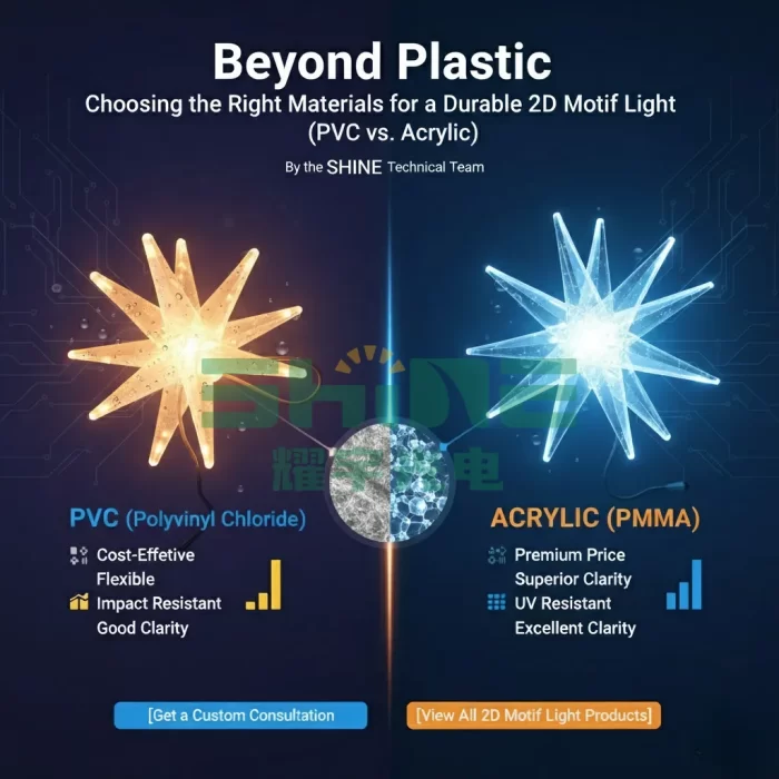 An infographic titled "Beyond Plastic" comparing materials for 2D motif lights. It contrasts a PVC star light on the left, noted as cost-effective and flexible, with a clear Acrylic star light on the right, highlighted for its premium clarity and superior UV resistance, helping buyers choose the right material.
