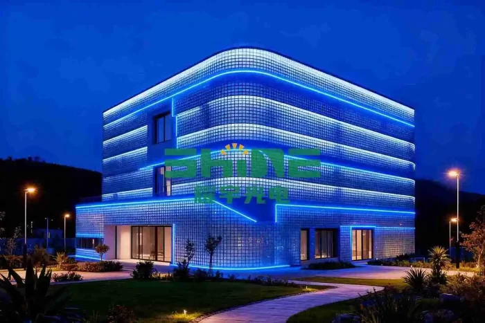 A minimalist architectural lighting design using bold, monochromatic blue LED motifs.